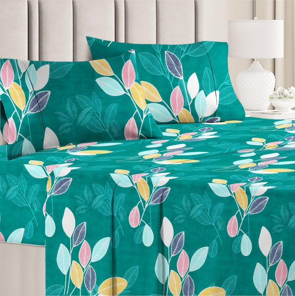 3D Printed 144 Tc Microfiber Double Bedsheet - Multicolour Leaf Printed